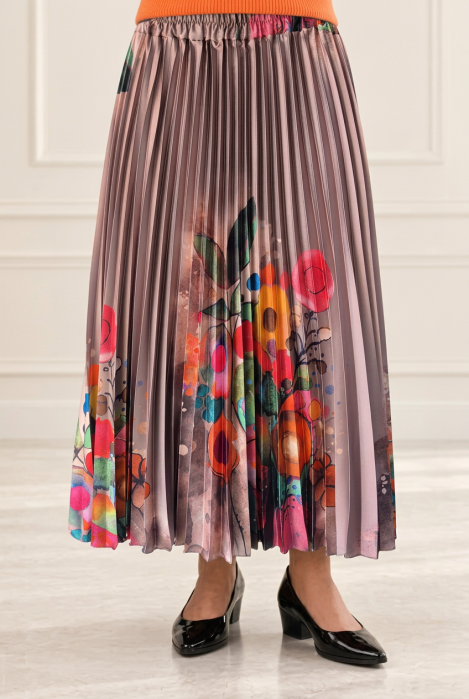 Fusta eleganta , plisata bej, cu imprimeu floral multicolor