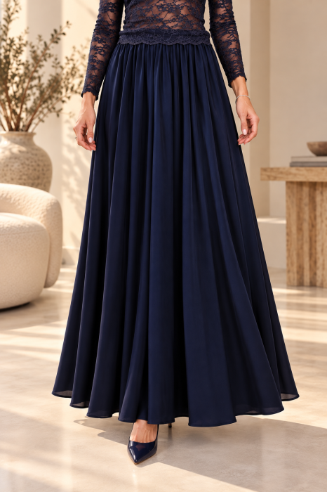 Fusta maxi ampla din satin de matase si vascoza cu talie elastica, bleumarin