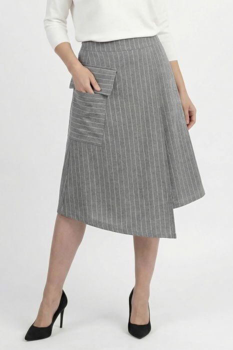 Fusta gri cu dungi fine, midi petrecuta din punto milano, cu buzunar aplicat si colt - Copie [2]