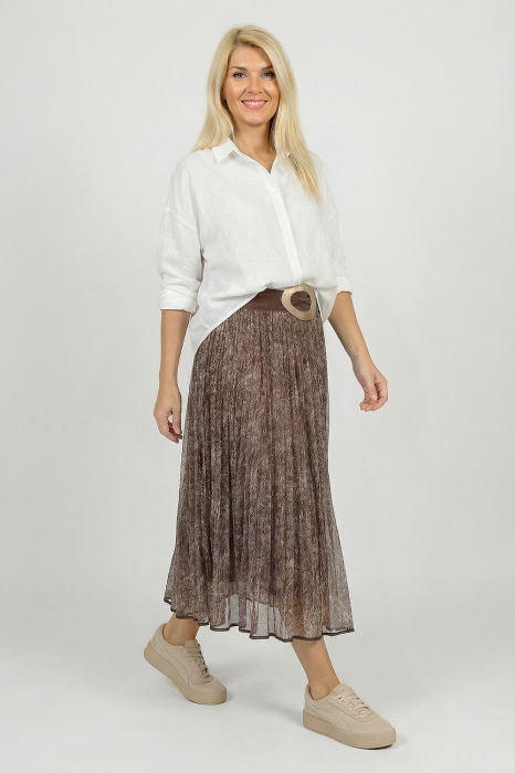 Fusta in trei straturi din tulle creponat cu model bej cu maro deschis - stil smart casual [1]