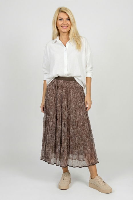 Fusta in trei straturi din tulle creponat cu model bej cu maro deschis - stil smart casual [2]