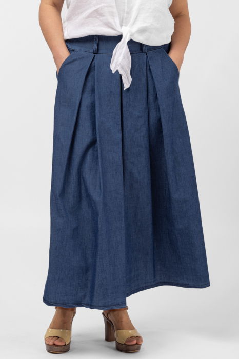 Fusta denim cu pense, albastru jeans inchis