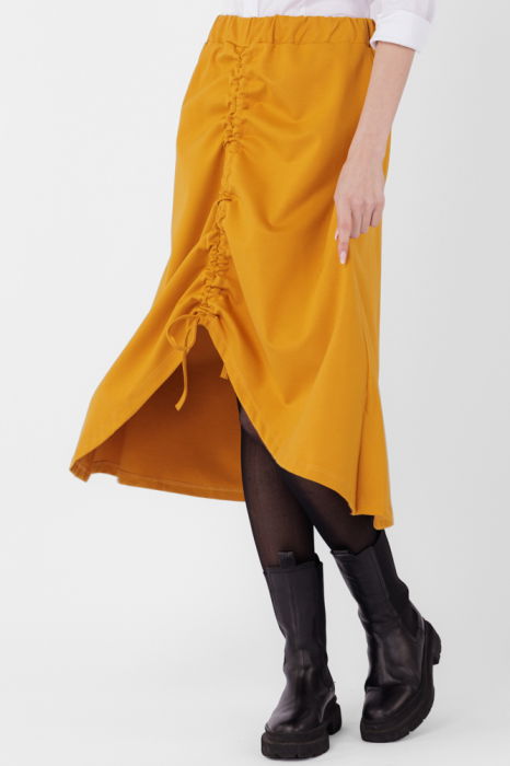 Fusta A-line din jerseu, asimetrica, cu snur vertical, mustar [3]