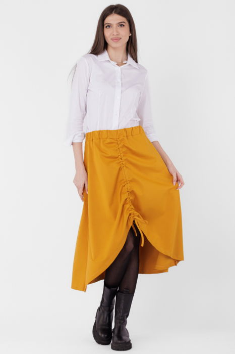 Fusta A-line din jerseu, asimetrica, cu snur vertical, mustar [2]