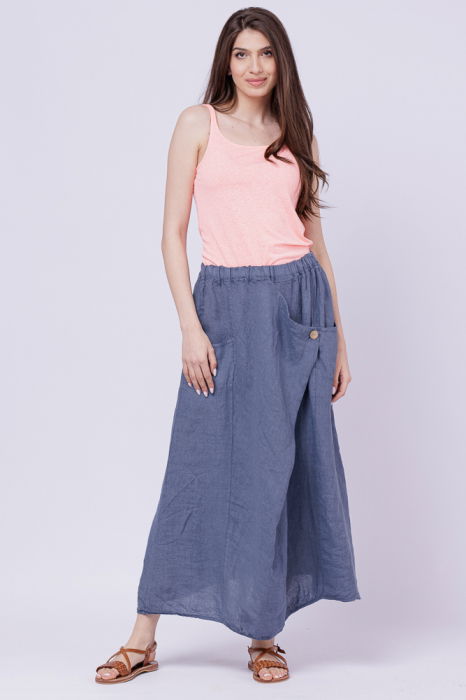 Fusta larga din in cu un colt prins, albastru jeans