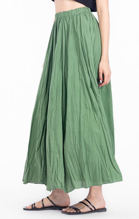Fusta lunga, ampla, clos, din bumbac creponat, verde kaki deschis [2]