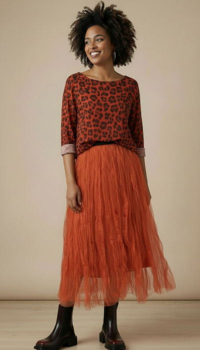 Bluza fina caramizie cu imprimeu animal print din modal cu casmir [2]