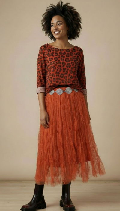 Bluza fina caramizie cu imprimeu animal print din modal cu casmir [3]