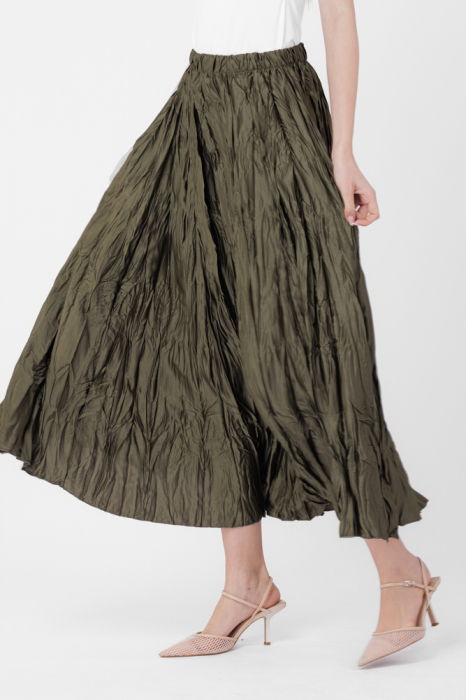 Fusta lunga, ampla, creponata, lucios-satinata, kaki [4]