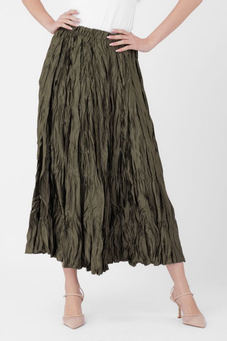 Fusta lunga, ampla, creponata, lucios-satinata, kaki [3]