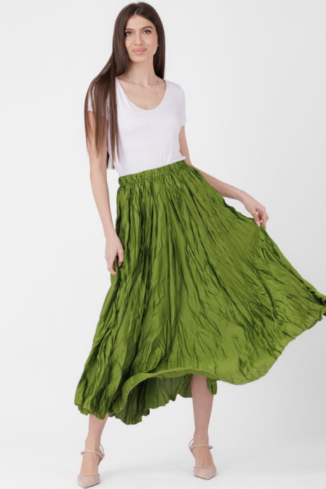 Fusta lunga, ampla, creponata, lucios-satinata, verde olive [4]