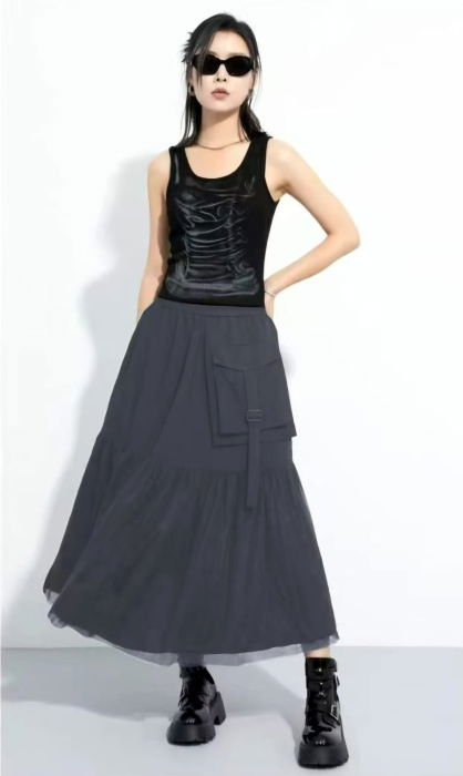 Fusta lunga cu insertie de tulle si buzunar aplicat, gri [2]