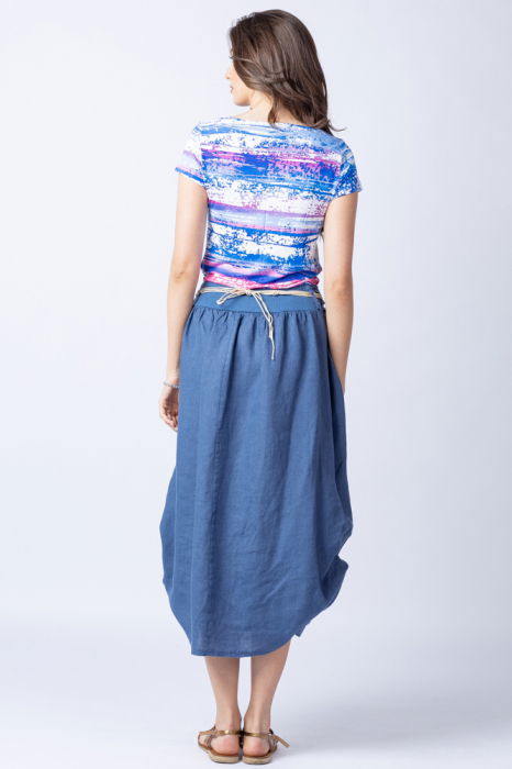 Fusta lunga albastru jeans cu poale prinse, din in, cu o curea fancy [5]