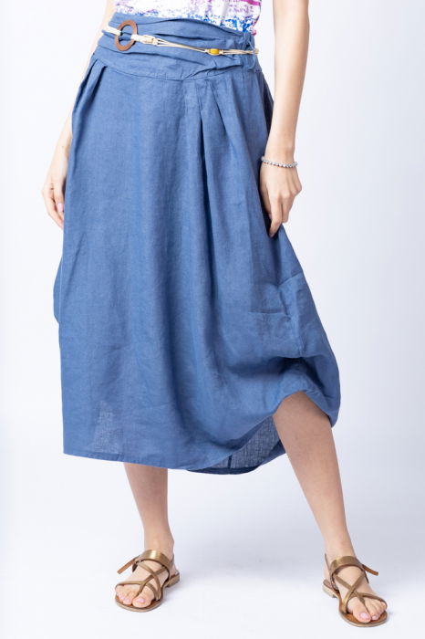 Fusta lunga albastru jeans cu poale prinse, din in, cu o curea fancy [2]