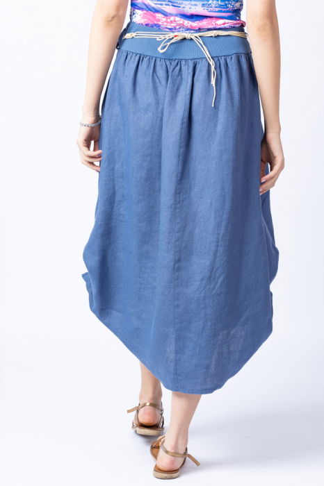 Fusta lunga albastru jeans cu poale prinse, din in, cu o curea fancy [6]