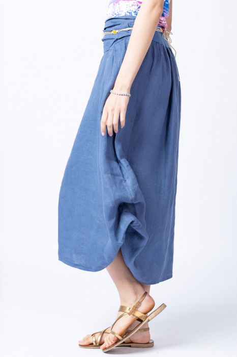 Fusta lunga albastru jeans cu poale prinse, din in, cu o curea fancy [4]