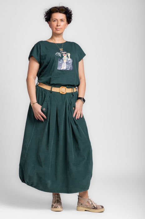 Fusta lunga din catifea reiata, cu nasturi la buzunare si curea inclusa, verde [4]