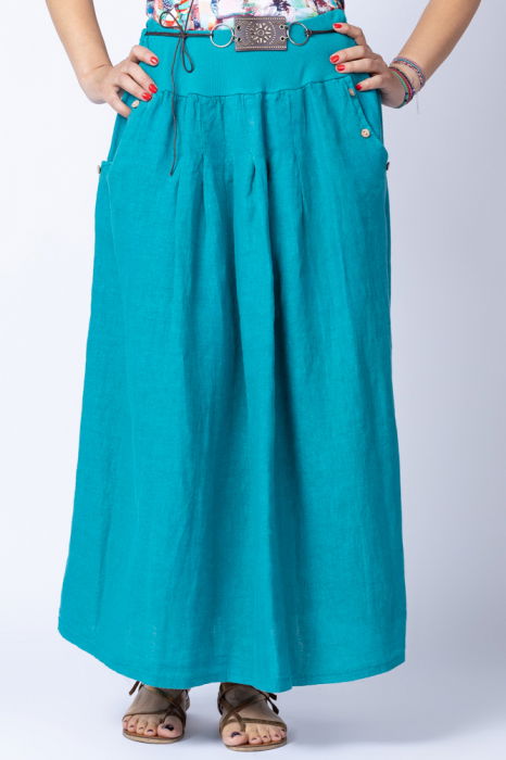 Fusta lunga casual, turcoaz, din in, cu o curea fancy