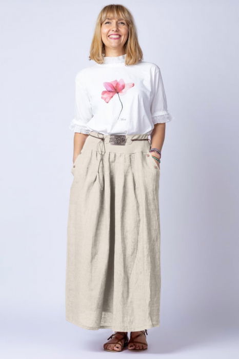 Fusta lunga casual, bej deschis din in, cu o curea fancy