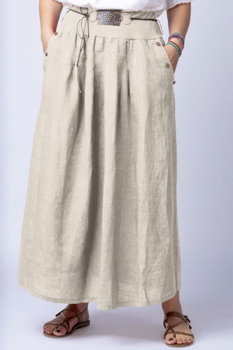 Fusta lunga casual, bej deschis din in, cu o curea fancy [3]