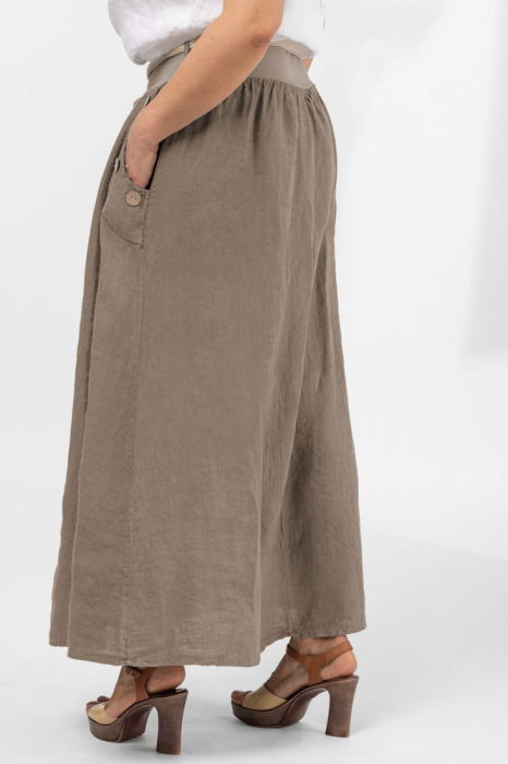 Fusta lunga casual bej inchis, din in, cu nasturi de lemn la buzunare [2]