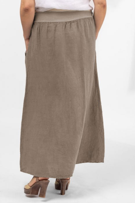 Fusta lunga casual bej inchis, din in, cu nasturi de lemn la buzunare [3]