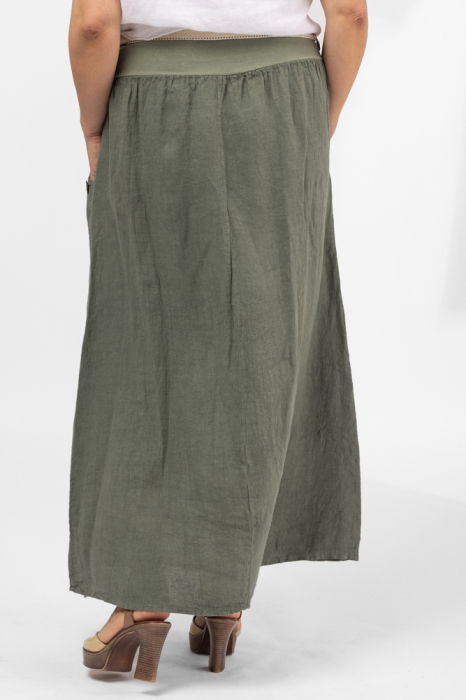 Fusta lunga casual, kaki, din in, cu nasturi de lemn la buzunare [2]