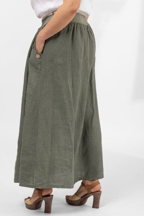 Fusta lunga casual, kaki, din in, cu nasturi de lemn la buzunare [3]