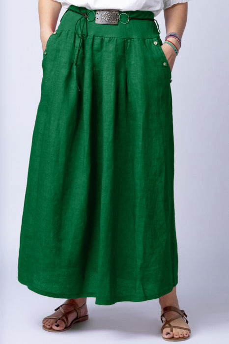 Fusta lunga casual, verde intens, din in, cu o curea fancy [3]
