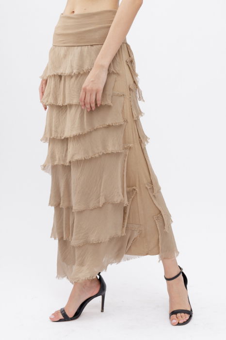 Fusta lunga cu volane suprapuse, din matase si vascoza, camel [3]