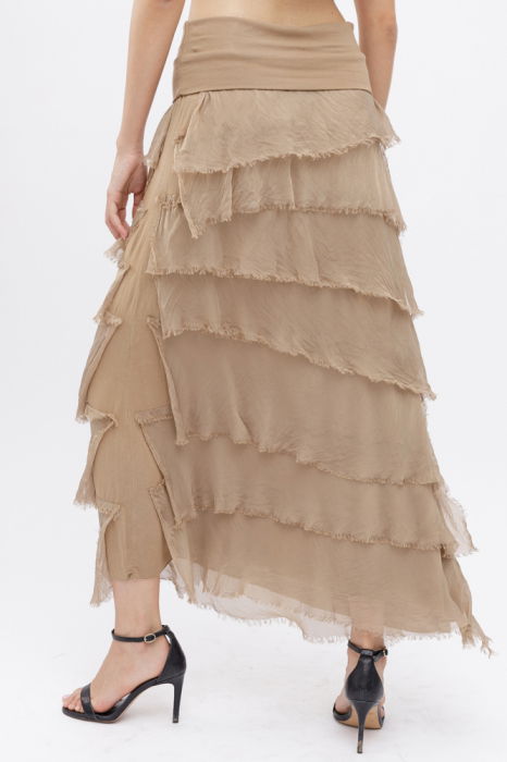 Fusta lunga cu volane suprapuse, din matase si vascoza, camel [4]
