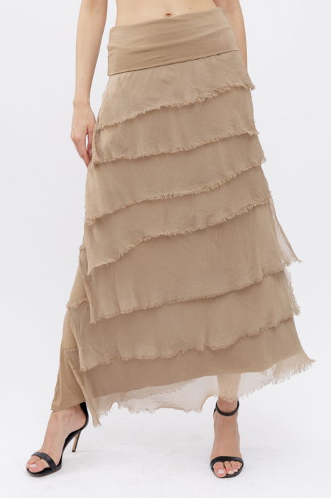 Fusta lunga cu volane suprapuse, din matase si vascoza, camel [2]