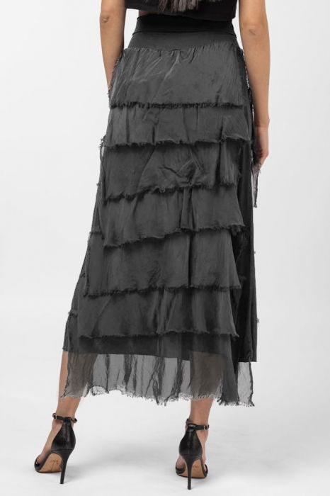 Fusta lunga cu volane suprapuse, din matase si vascoza, gri inchis [3]