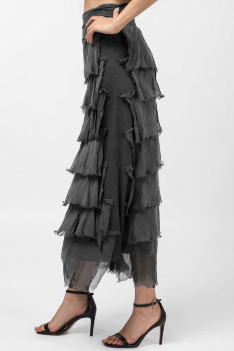 Fusta lunga cu volane suprapuse, din matase si vascoza, gri inchis [2]