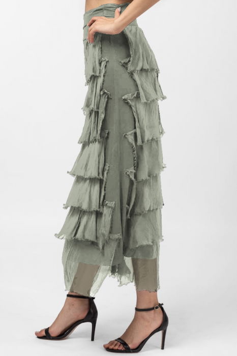 Fusta lunga cu volane suprapuse, din matase si vascoza, kaki [2]