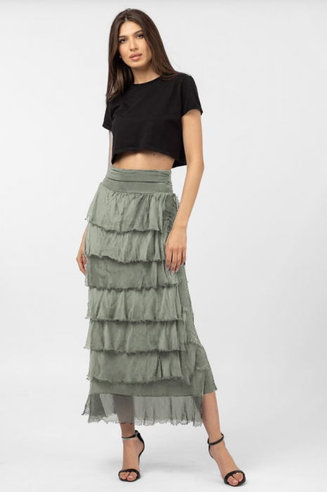 Fusta lunga cu volane suprapuse, din matase si vascoza, kaki [4]