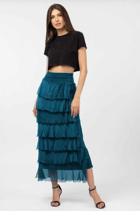 Fusta lunga cu volane suprapuse, din matase si vascoza, turcoaz inchis [4]