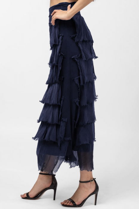 Fusta lunga cu volane suprapuse, din matase si vascoza, bleumarin [2]
