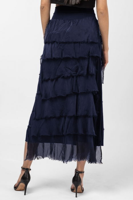 Fusta lunga cu volane suprapuse, din matase si vascoza, bleumarin [3]