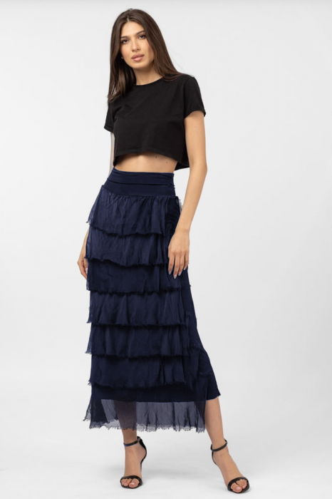 Fusta lunga cu volane suprapuse, din matase si vascoza, bleumarin [4]
