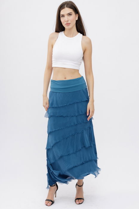 Fusta lunga cu volane suprapuse, din matase si vascoza, turcoaz inchis [5]