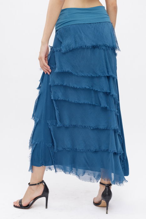 Fusta lunga cu volane suprapuse, din matase si vascoza, turcoaz inchis [8]