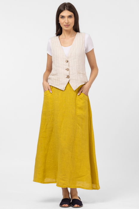 Fusta lunga din in, cu doi nasturi de lemn pe talie, galbena [4]