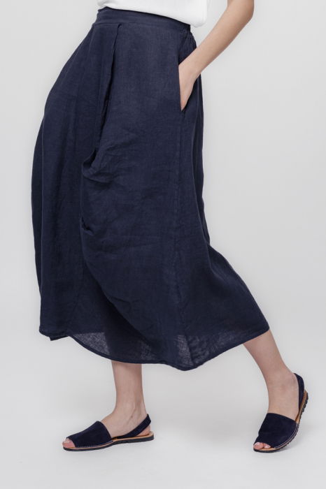 Fusta lunga din in, cu falduri, bleumarin [2]