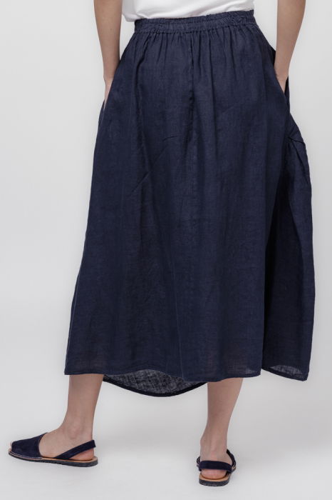 Fusta lunga din in, cu falduri, bleumarin [3]
