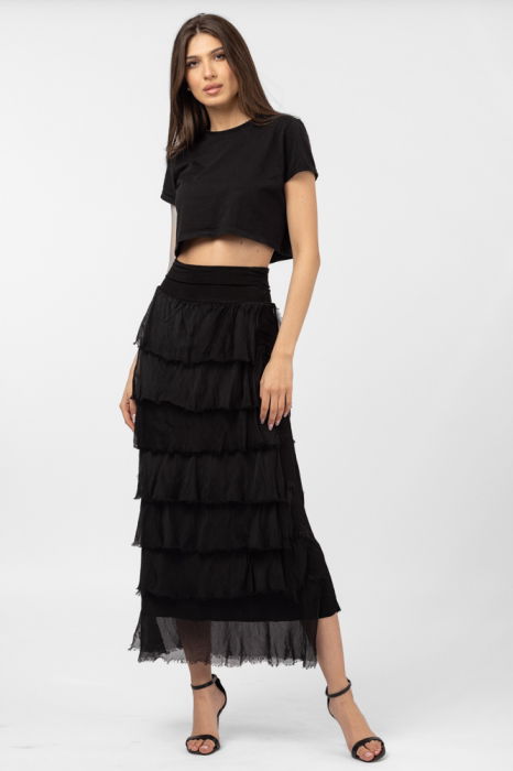 Fusta lunga cu volane suprapuse, din matase si vascoza, neagra [4]