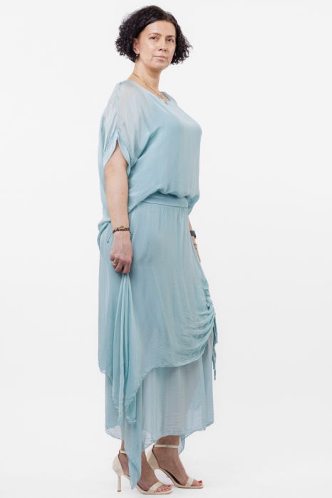 Fusta lunga in colturi, din matase si vascoza, suprapusa, cu snur vertical, turcoaz deschis [4]