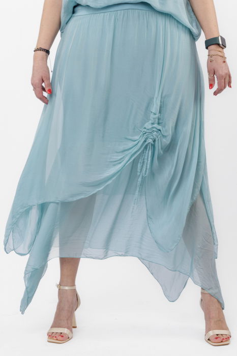 Fusta lunga in colturi, din matase si vascoza, suprapusa, cu snur vertical, turcoaz deschis [2]