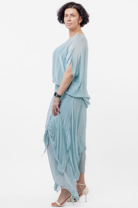 Fusta lunga in colturi, din matase si vascoza, suprapusa, cu snur vertical, turcoaz deschis [5]