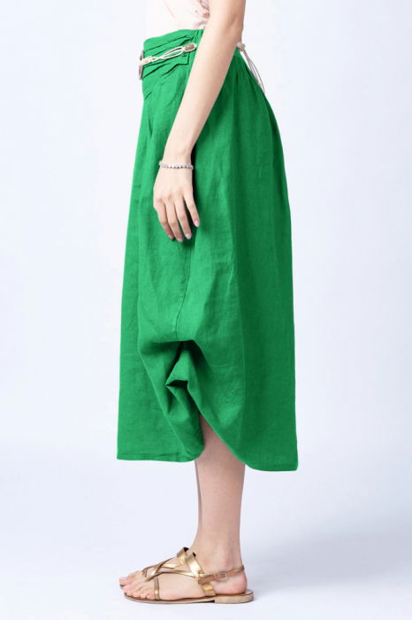 Fusta lunga verde crud cu poale prinse, din in, cu o curea fancy [5]